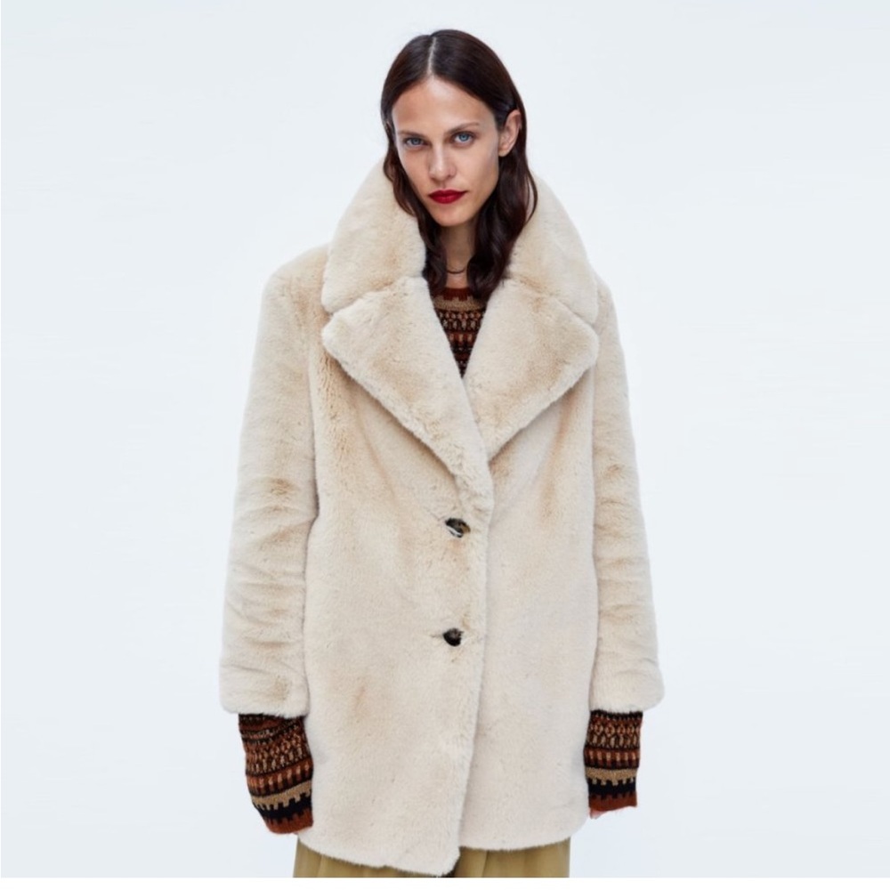 Zara Faux Fur Coat Nude Teddy Style EUC SIZE XS